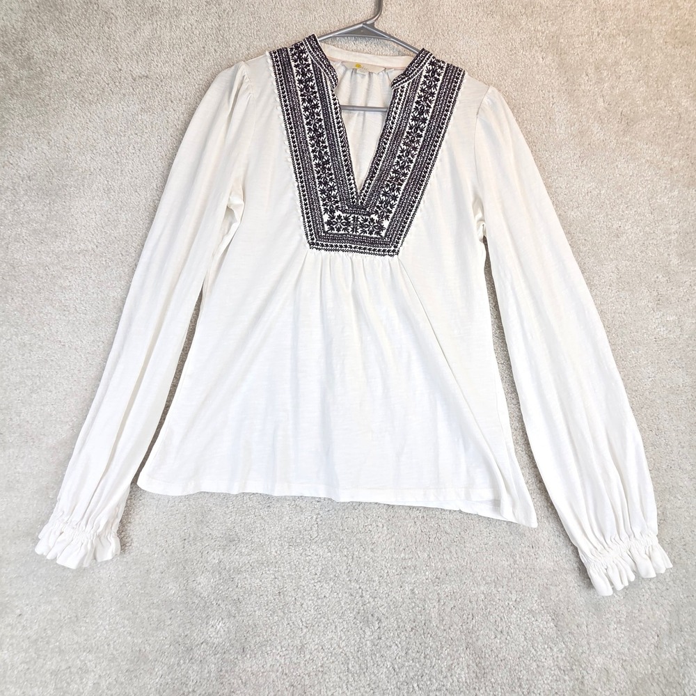 Boden White Cotton Embroidered Floral Split Neck Top Smocked Ruffle Cuff US 8